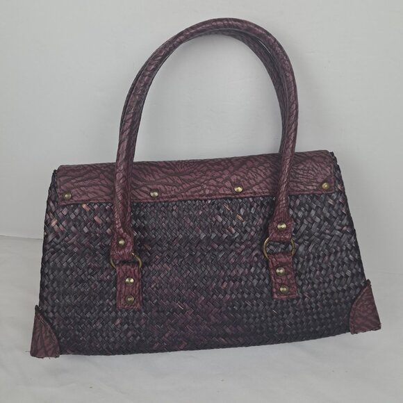 Vintage Straw and Faux Leather Purple Tan Bag - Picture 4 of 16